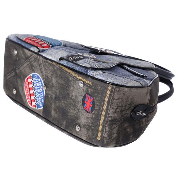 Dior Denim Print Double Saddle Bowler Blue Black Multi Canvas Patent Leather - Picture 6 of 9